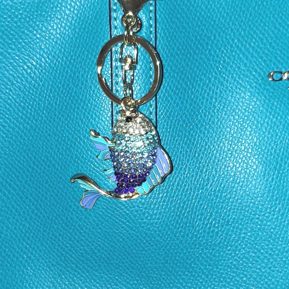 Enamel & Rhinestones Fish Keyring Purse Charm - Picture 3 of 11